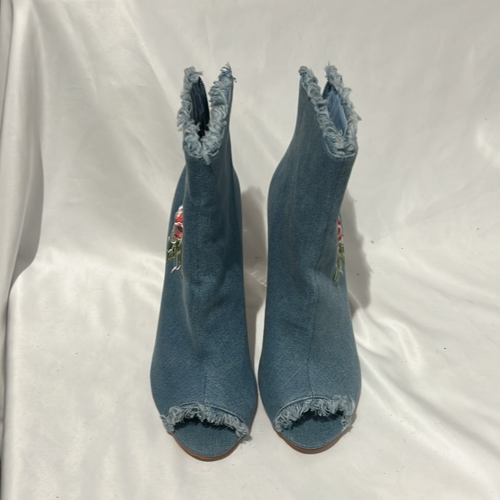 Glaze Denim Peep Toe Ankle Booties with Floral Embroidery & Clear Block Heel - Picture 3 of 12